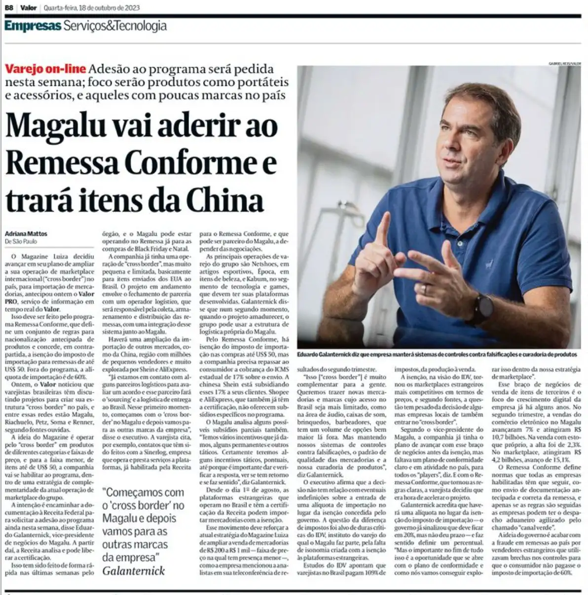 Magalu vai aderir ao Remessa Conforme e trará itens da China. Valor Econômico impresso.