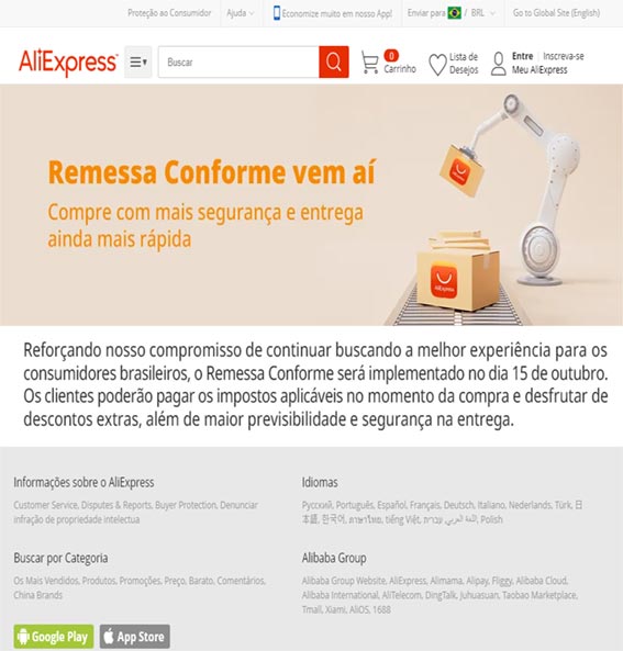 Mensagem publicada no site da AliExpress sobre a implementação do Remessa Conforme