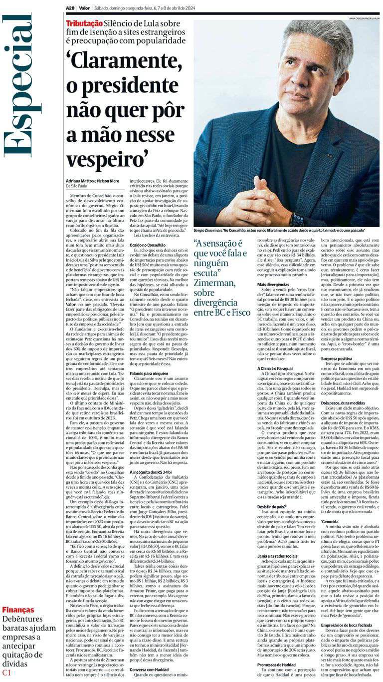 Reprodução da página Impressa da entrevista publicada no jornal Valor Econômico
